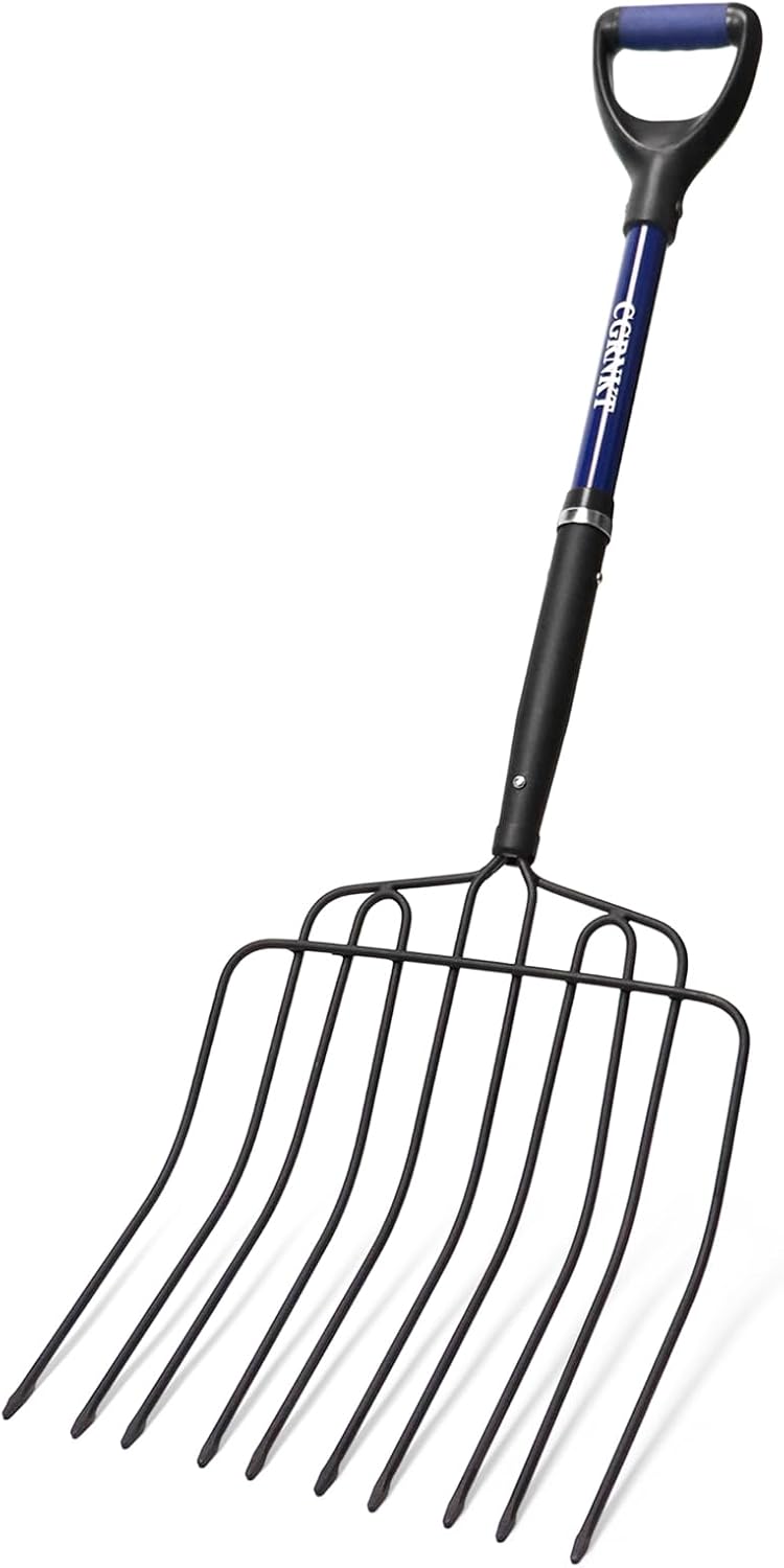 CGRNKT 10-Tine Pitch Fork for Gardening, Heavy Duty Manure & Mulch Fork with Fiberglass Handle, Wide Bedding Hay Fork for Compost, Farm, 45 Inch - Image 1